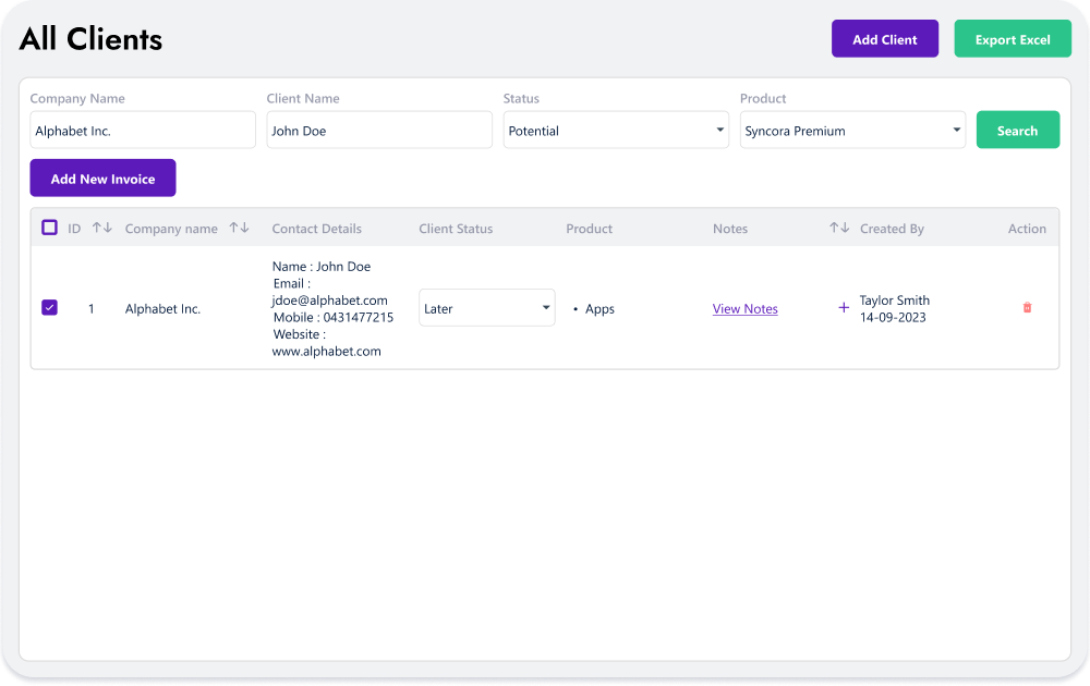 Home Client management tab